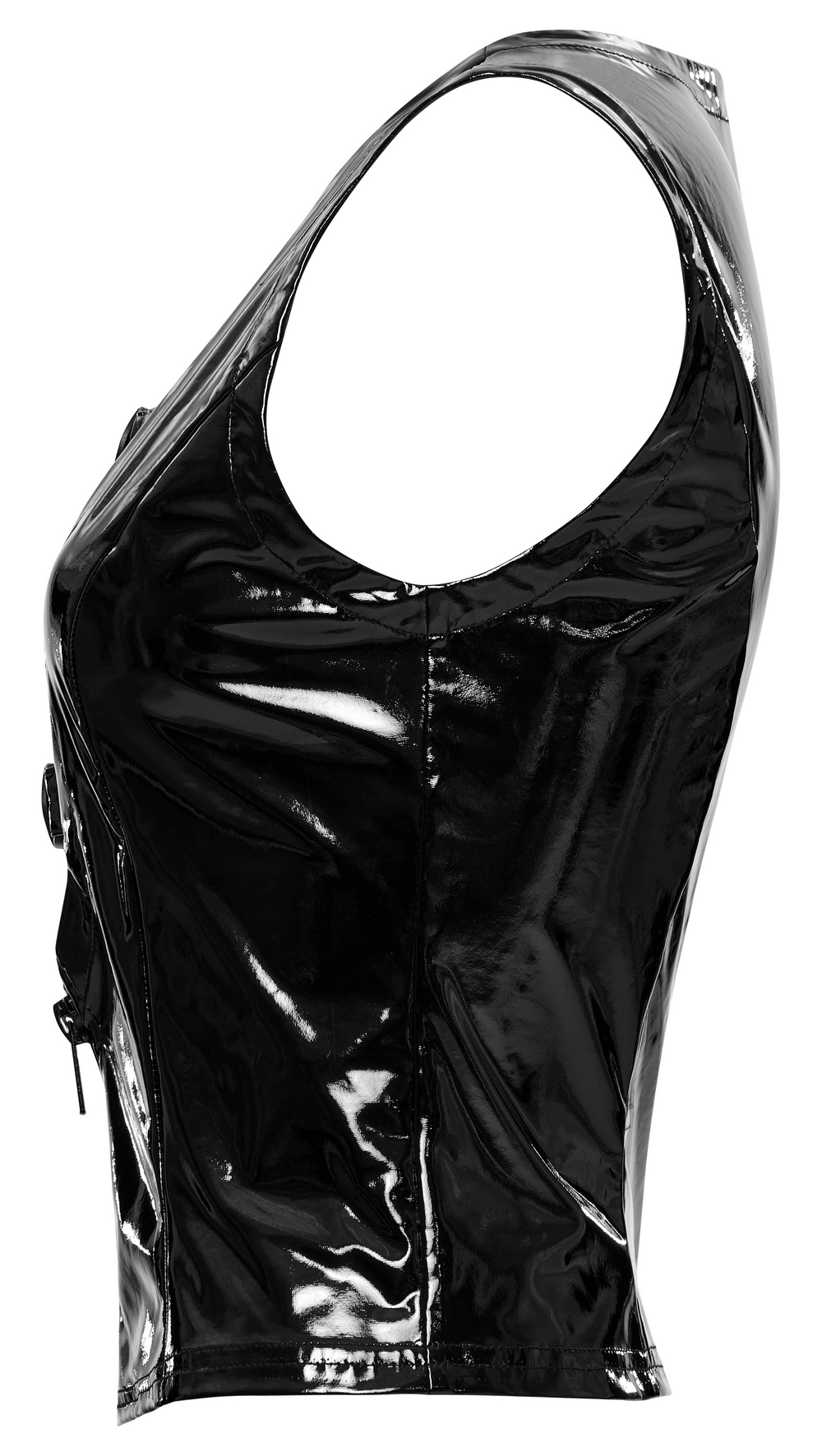 Gothic Buckle Patent Leather Slim Vest side view showcasing shiny black finish and sleek design.