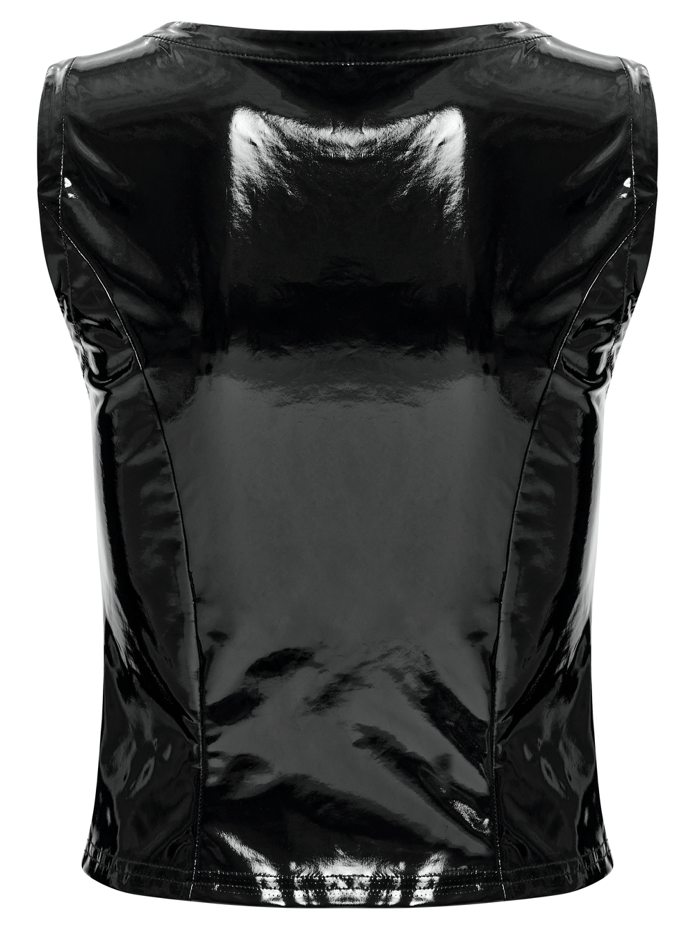 Back view of Gothic Buckle Patent Leather Slim Vest with shiny black finish, perfect for a punk-inspired outfit.