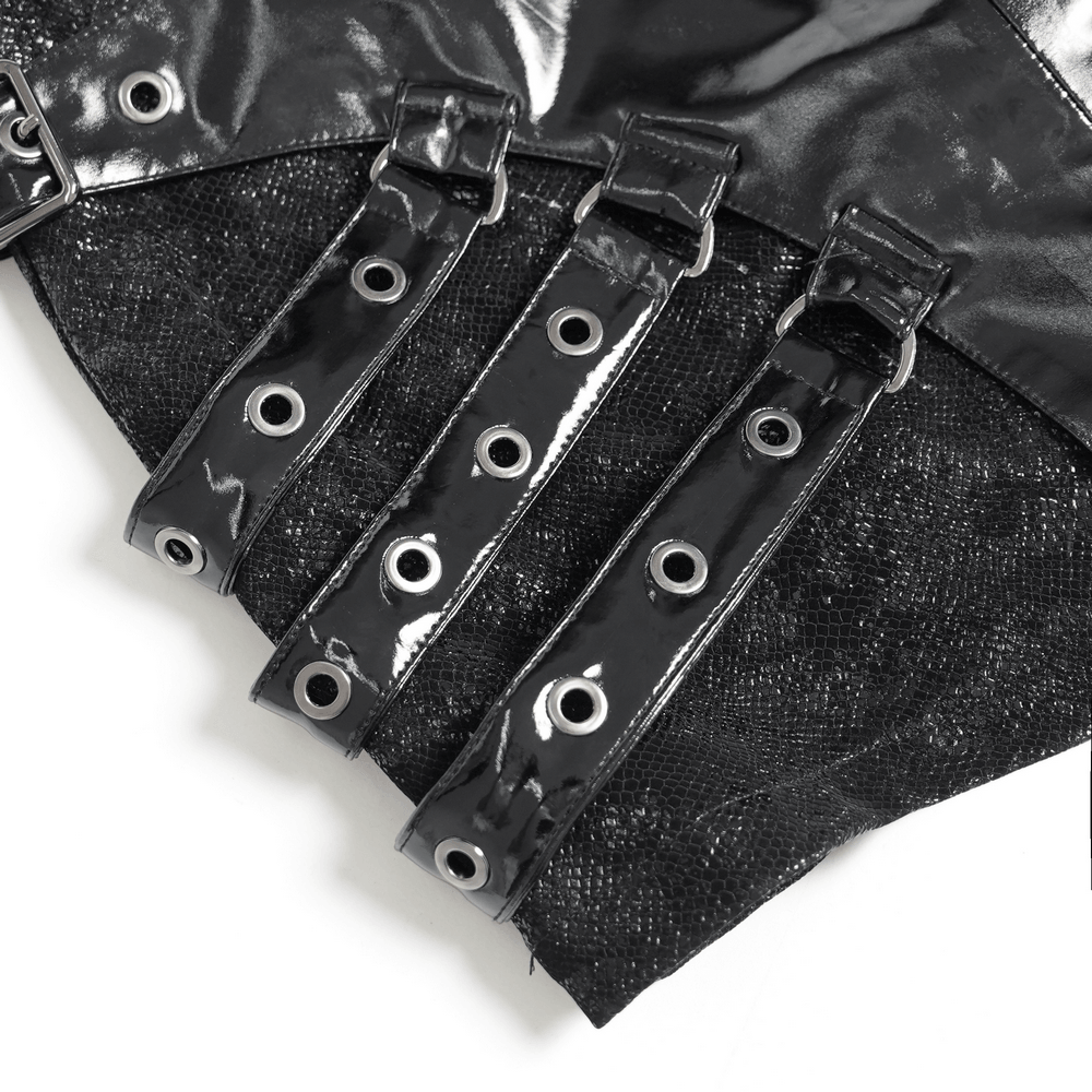 Schwarzer Gothic-Minirock aus Vinyl mit Schnallenriemen für Damen