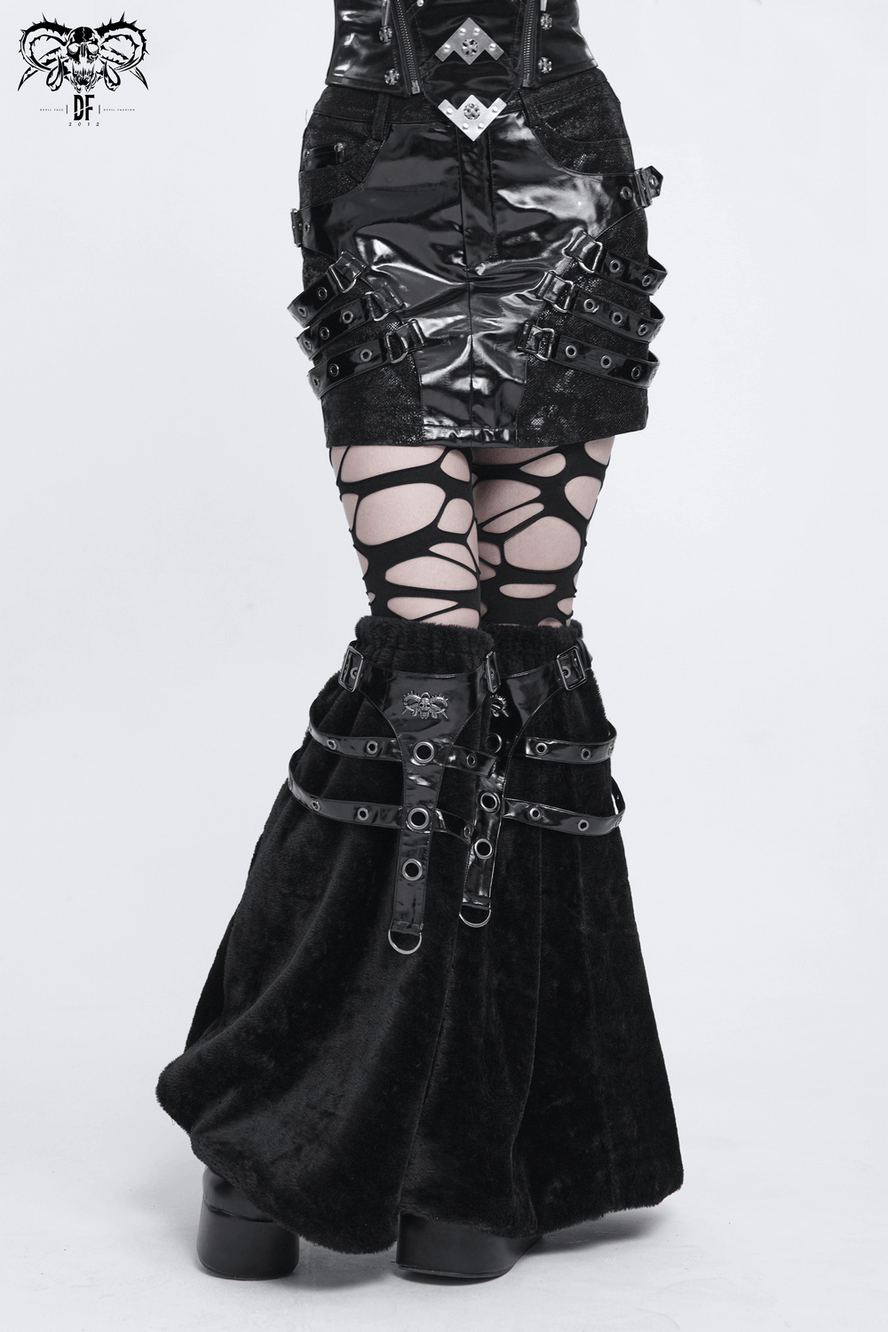 Schwarzer Gothic-Minirock aus Vinyl mit Schnallenriemen für Damen