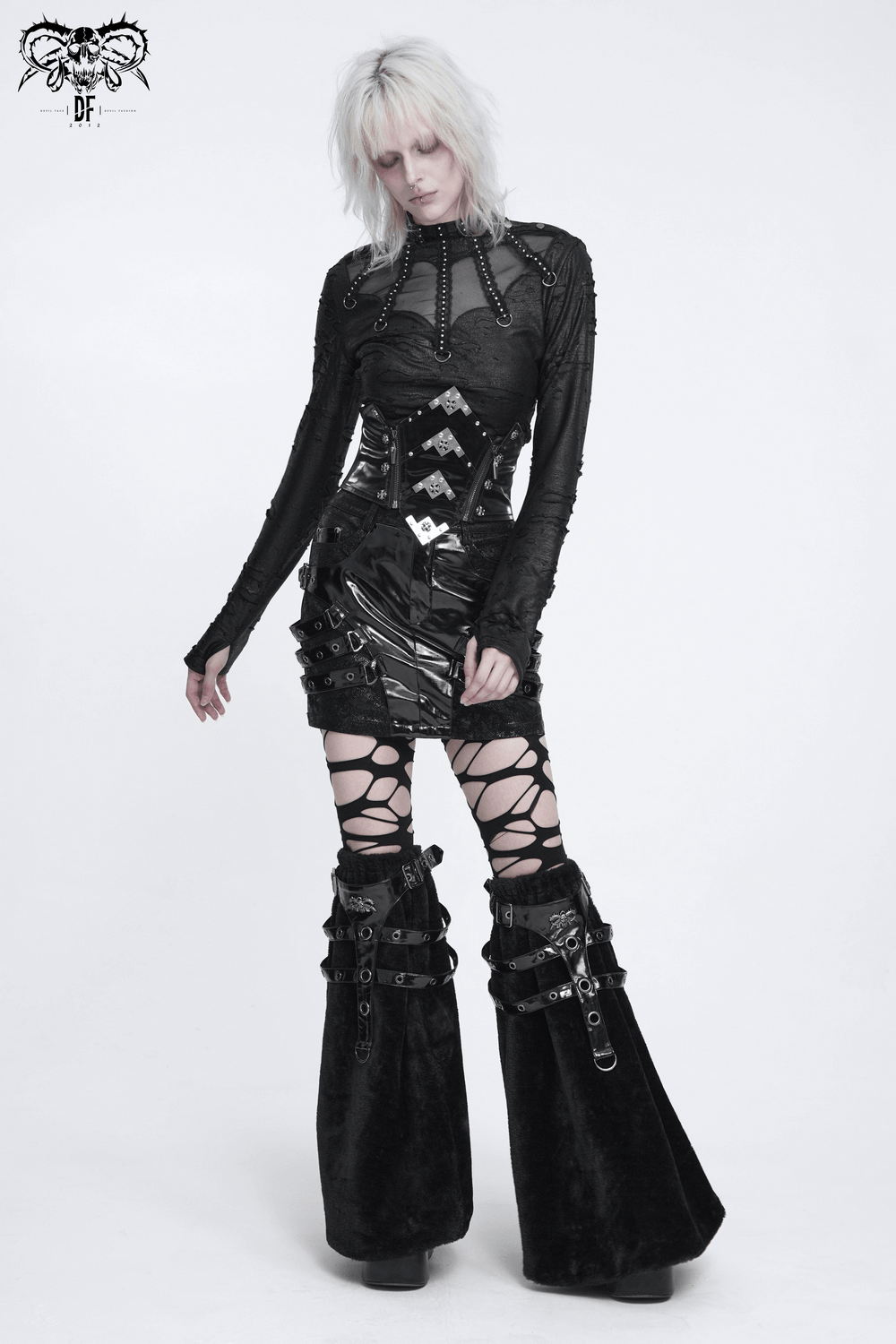 Schwarzer Gothic-Minirock aus Vinyl mit Schnallenriemen für Damen