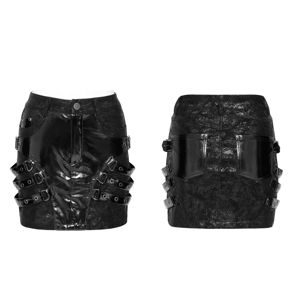 Schwarzer Gothic-Minirock aus Vinyl mit Schnallenriemen für Damen