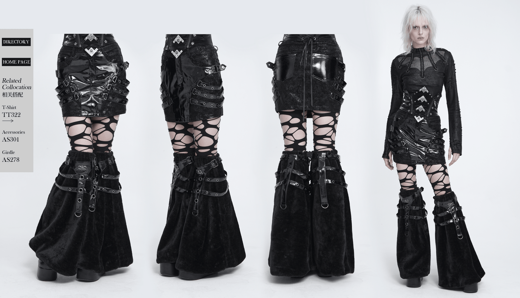 Schwarzer Gothic-Minirock aus Vinyl mit Schnallenriemen für Damen