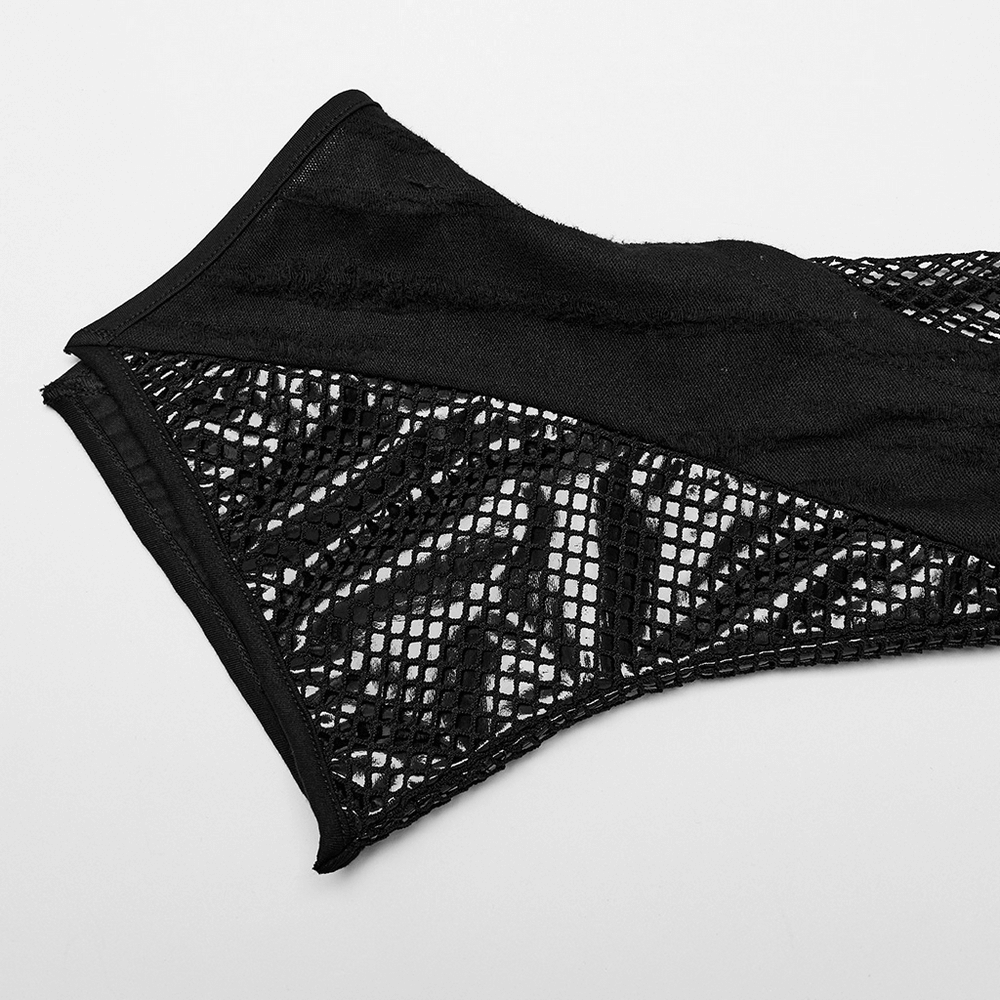 Close-up of Gothic buckle strap mesh thigh high leg warmers showcasing unique texture and punk-inspired design.