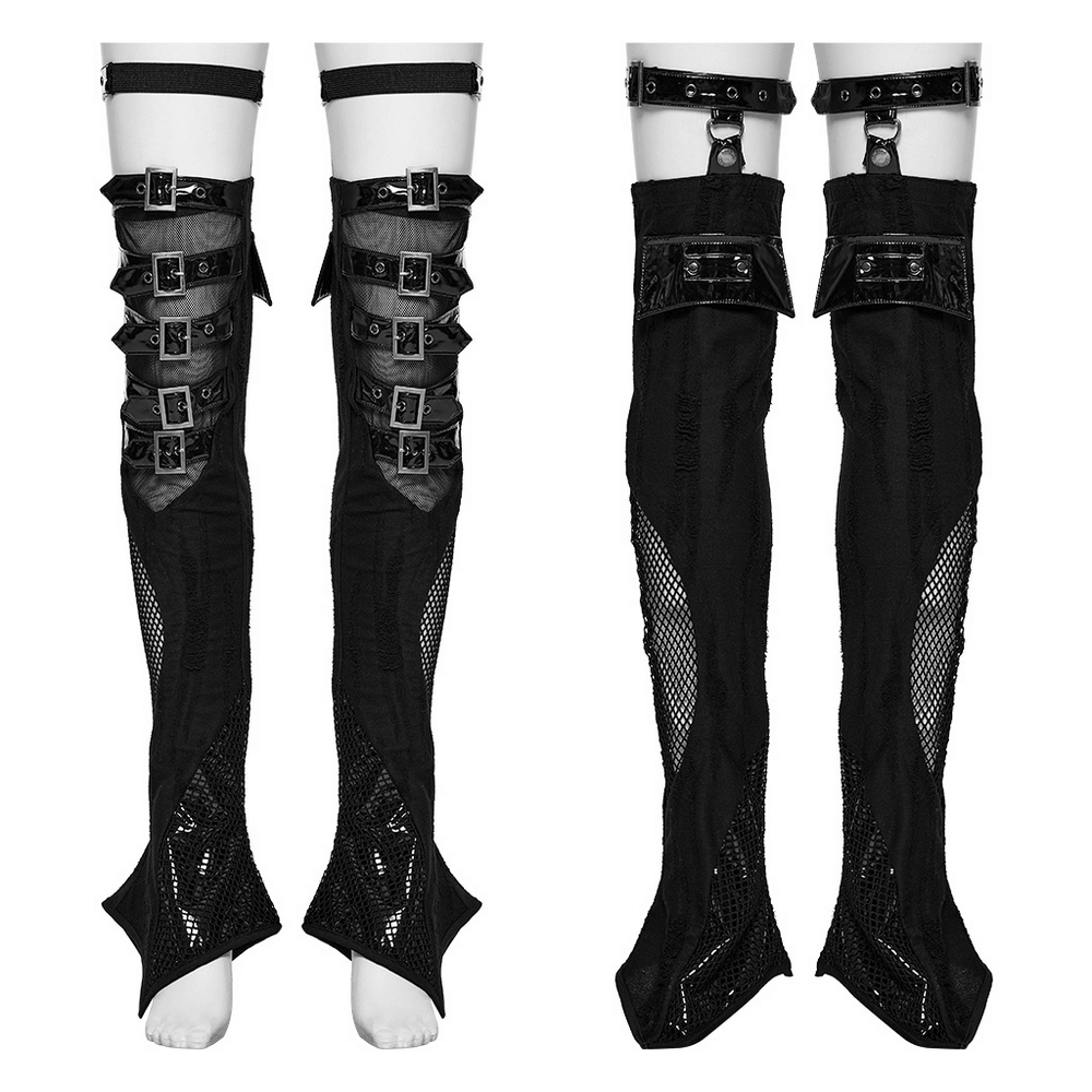 Gothic buckle strap mesh thigh high leg warmers featuring punk aesthetics and adjustable buckles for an edgy look.