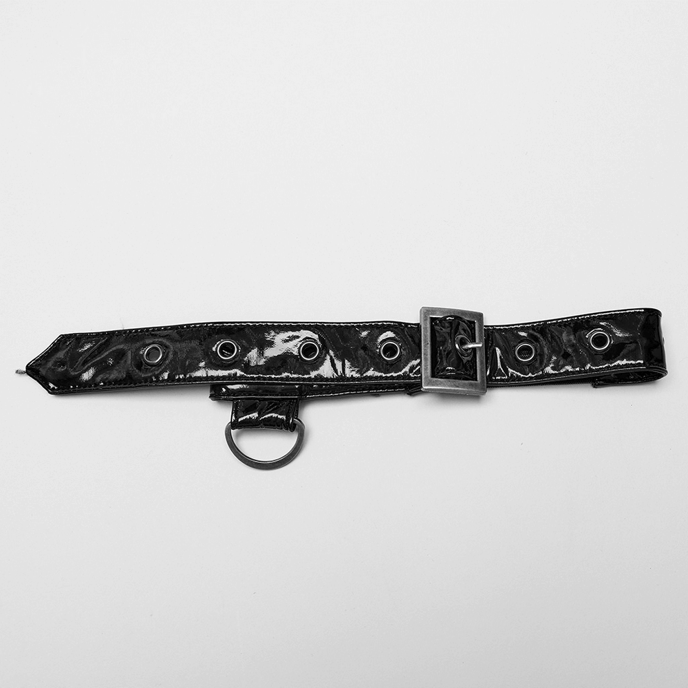 Gothic black faux leather belt with buckle and ring detail, perfect for punk fashion accessories.