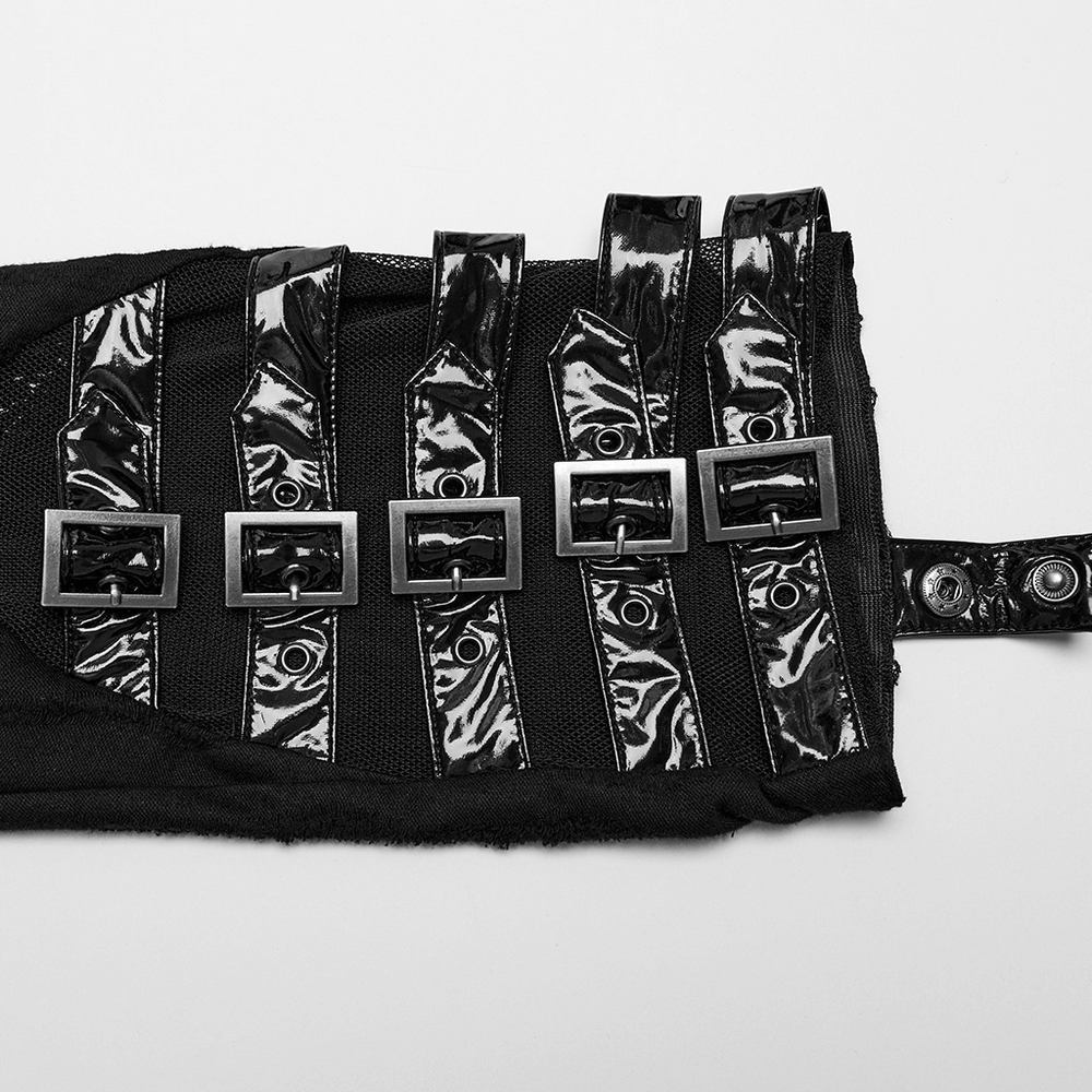 Gothic buckle strap mesh thigh high leg warmers with sleek faux leather and adjustable buckles for a punk style.