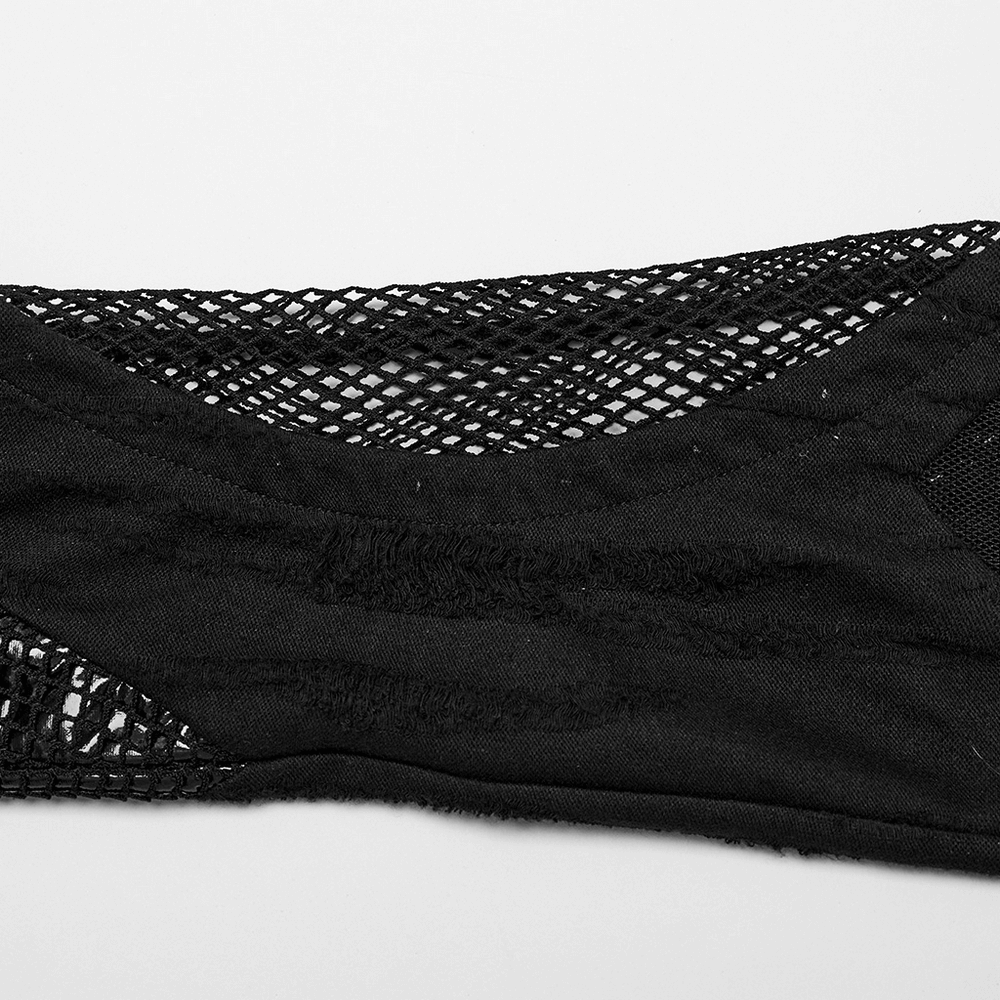Close-up of Gothic Buckle Strap Mesh Thigh High Leg Warmers showcasing textured knit and mesh fabric details.