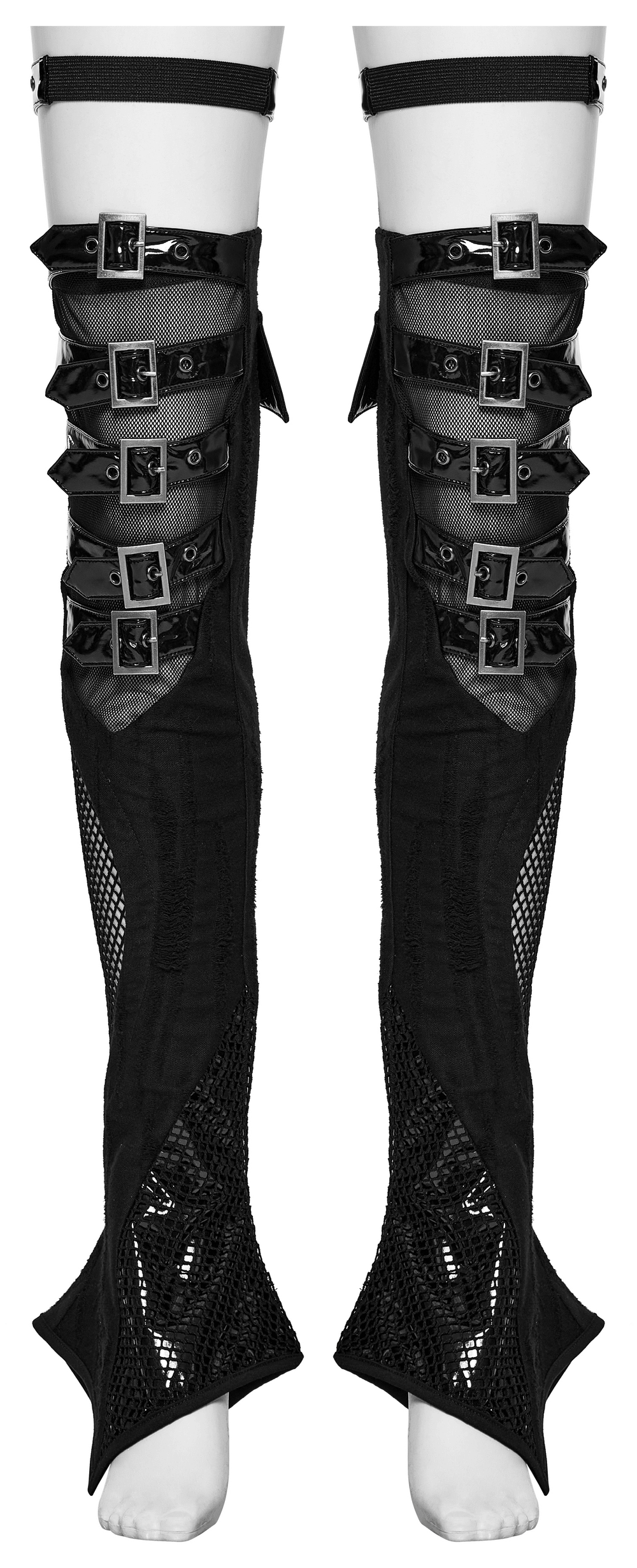 Gothic buckle strap mesh thigh high leg warmers with punk flair and adjustable straps for a bold, edgy look.