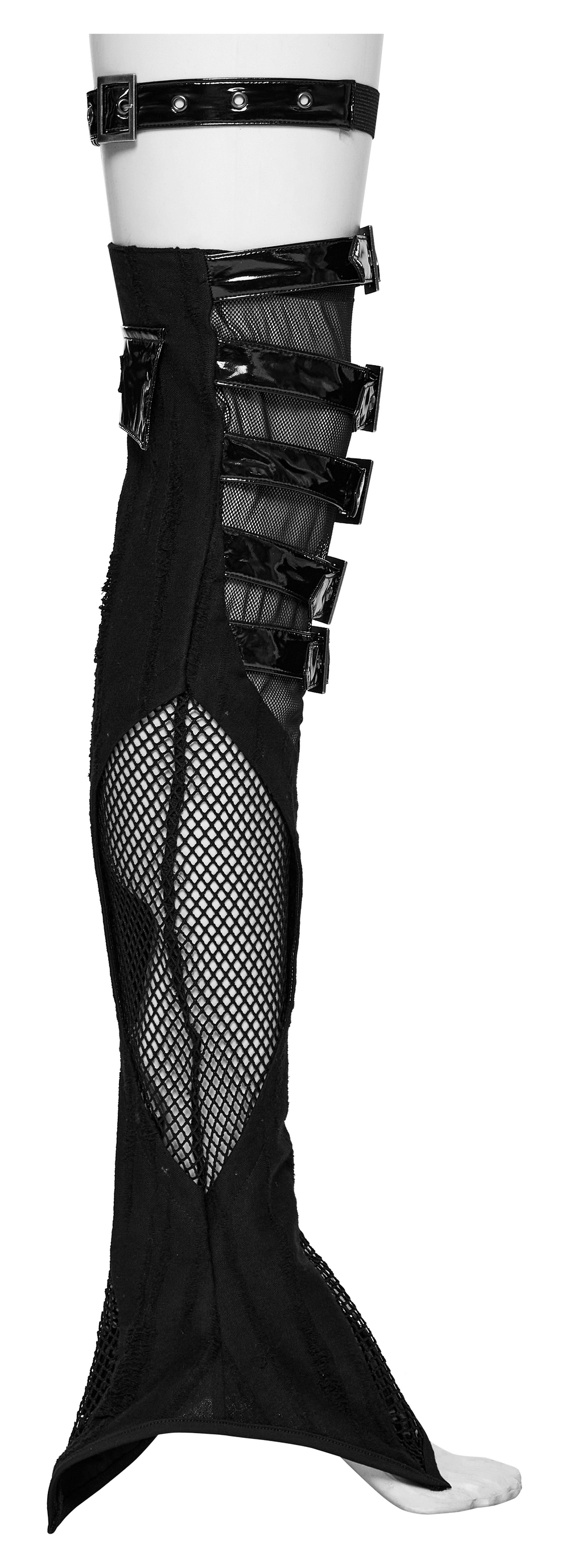 Gothic buckle strap mesh thigh high leg warmers with punk style, featuring adjustable buckle loops and see-through design.