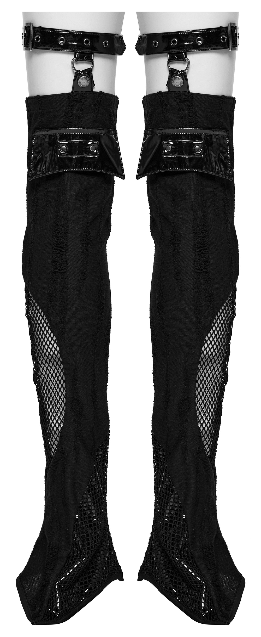 Gothic buckle strap mesh thigh high leg warmers featuring an edgy design with faux leather and adjustable buckles.