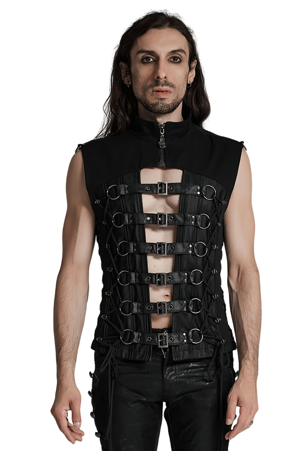 Edgy gothic vest with buckle straps and lace-up back, showcasing punk style and rubberized fabric details.