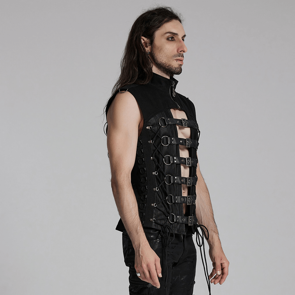 Gothic buckle strap vest with lace-up back design highlighting edgy punk style and metal details.