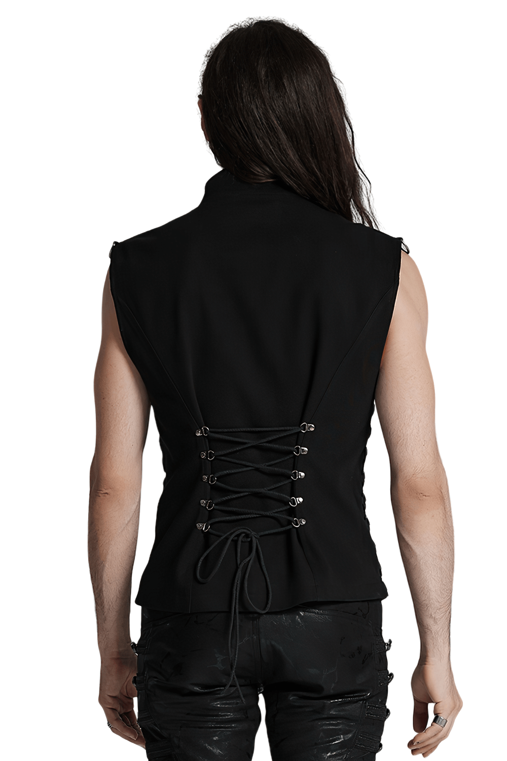 Back view of Gothic Buckle Strap Vest showcasing lace-up design and metal detailing for edgy punk style.