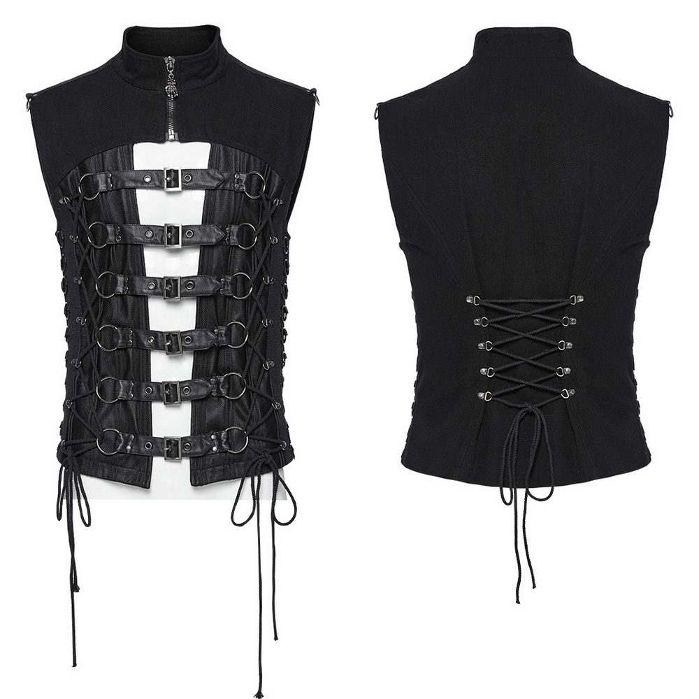 Gothic buckle strap vest with lace-up back, featuring edgy metal details and striped mesh design for a punk aesthetic.