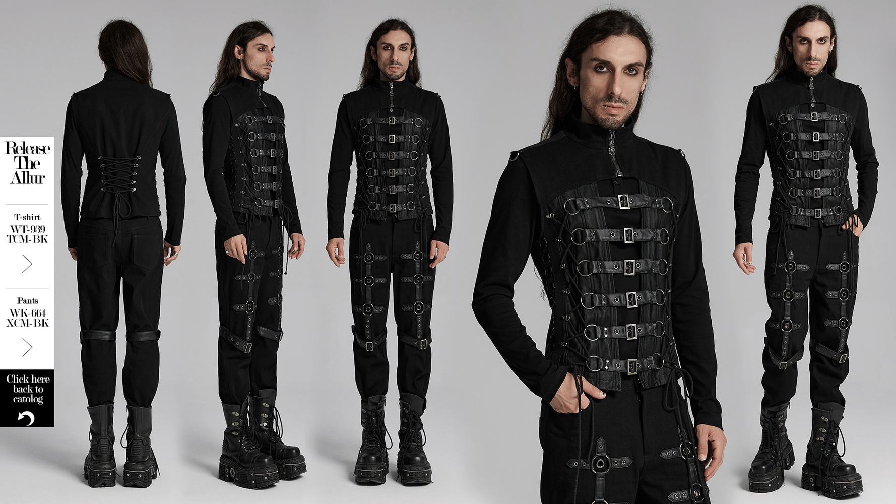 Edgy gothic vest with buckle straps, lace-up back, and metal details, showcasing a bold punk style.