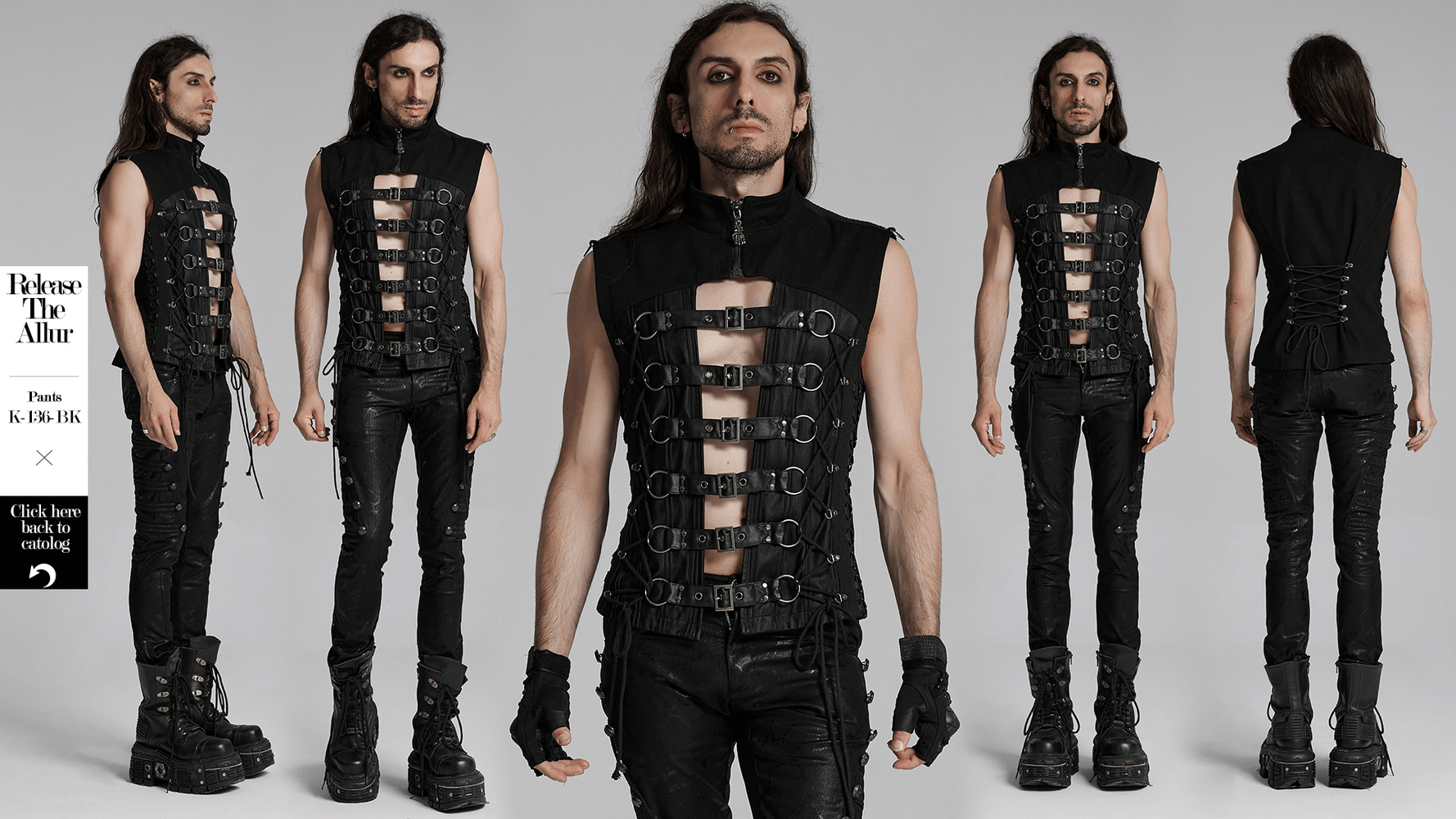 Edgy Gothic Buckle Strap Vest with Lace-Up Back, showcasing punk elements and rubberized twill fabric for a bold look.