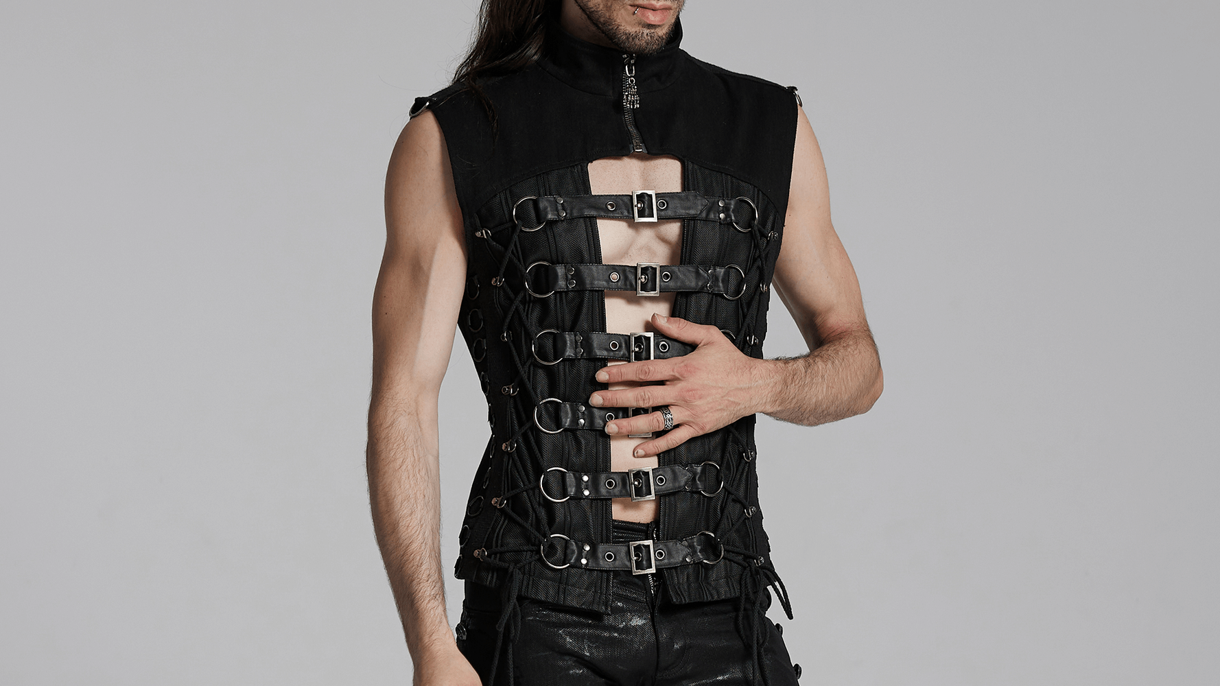 Edgy gothic buckle strap vest with lace-up back and metal details, showcasing a bold punk aesthetic for alternative fashion.