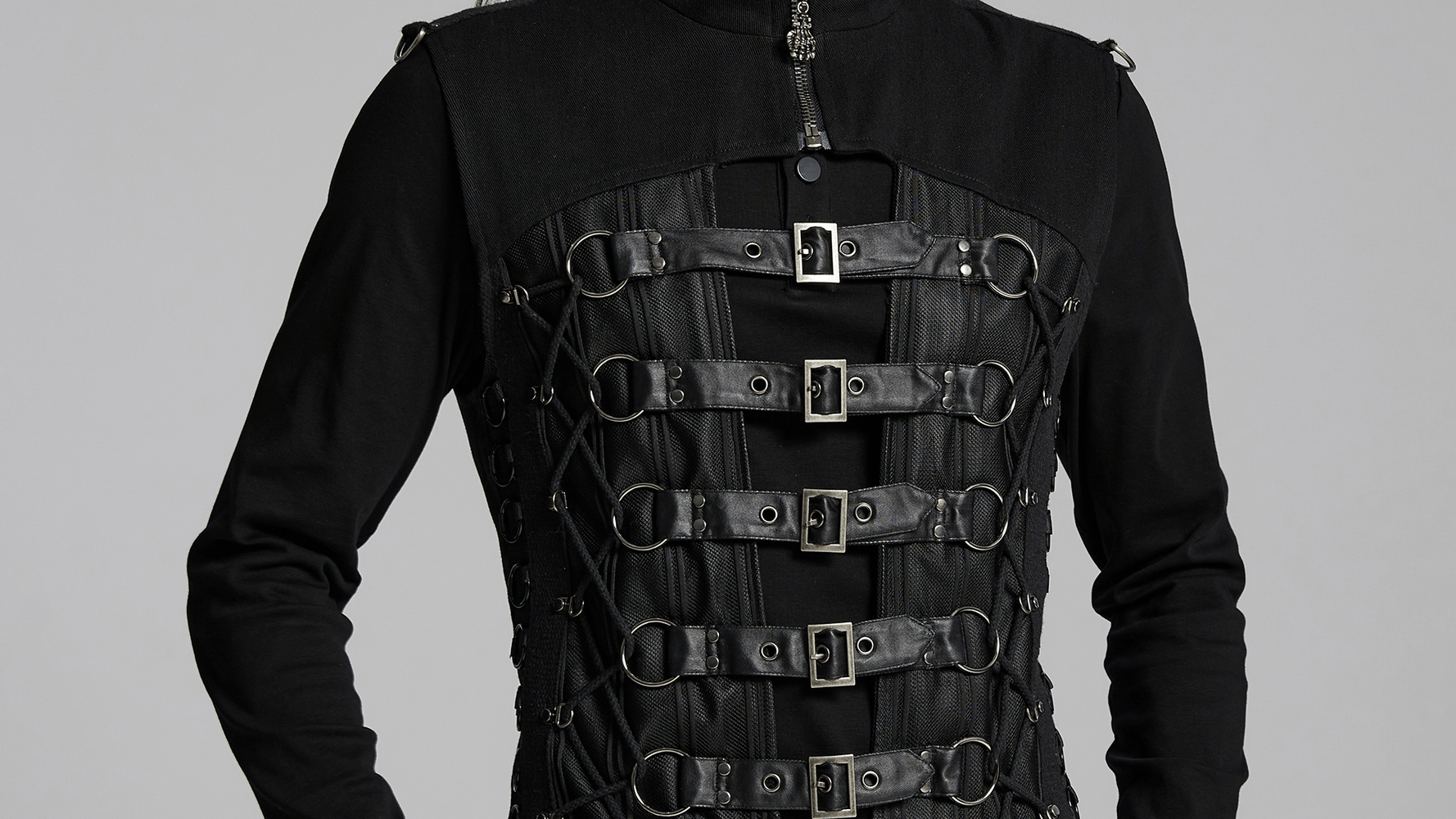 Edgy Gothic Buckle Strap Vest showcasing lace-up back design and metal details for a bold punk aesthetic.