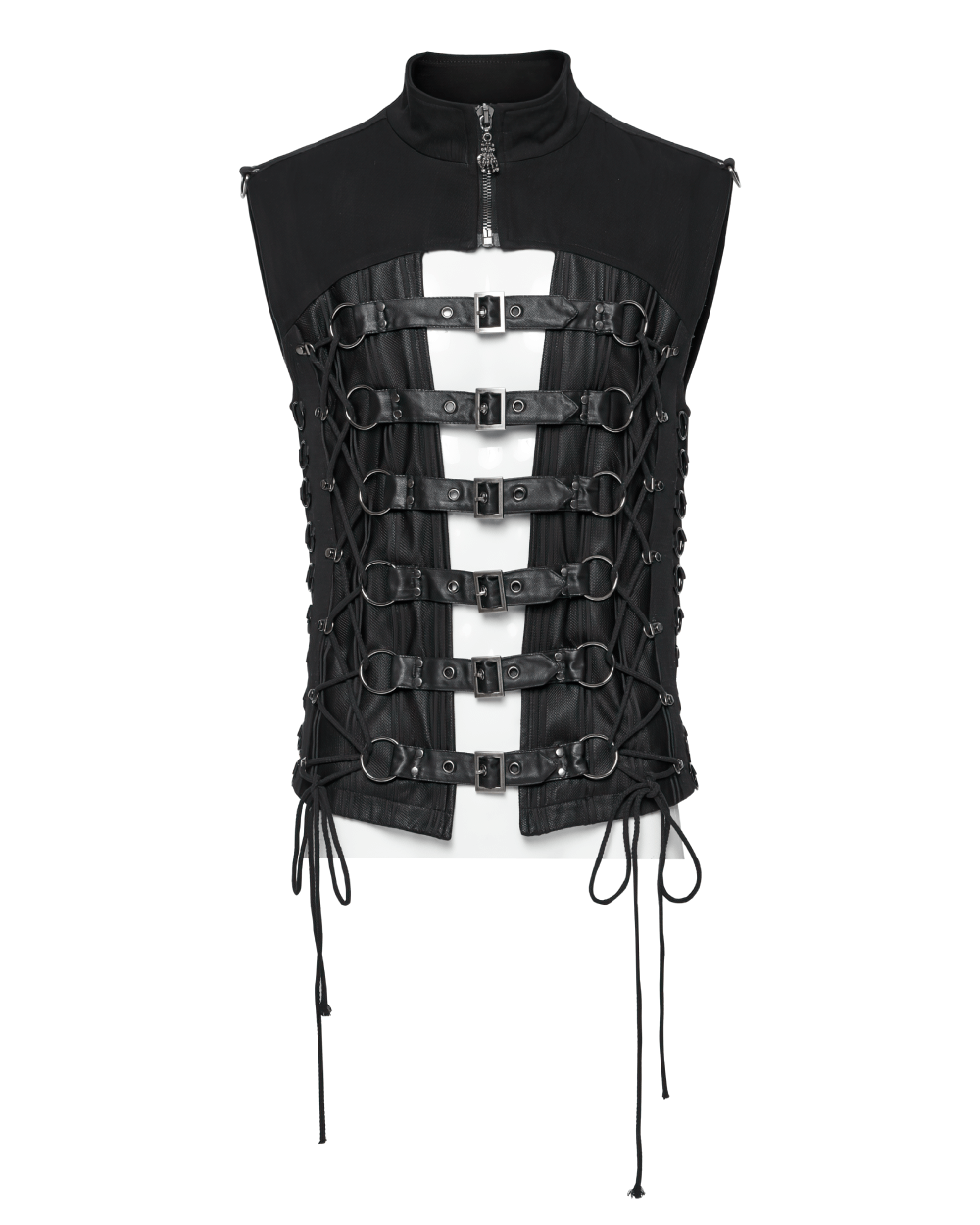 Gothic buckle strap vest with lace-up back design, featuring edgy straps and metal details for a bold punk aesthetic.