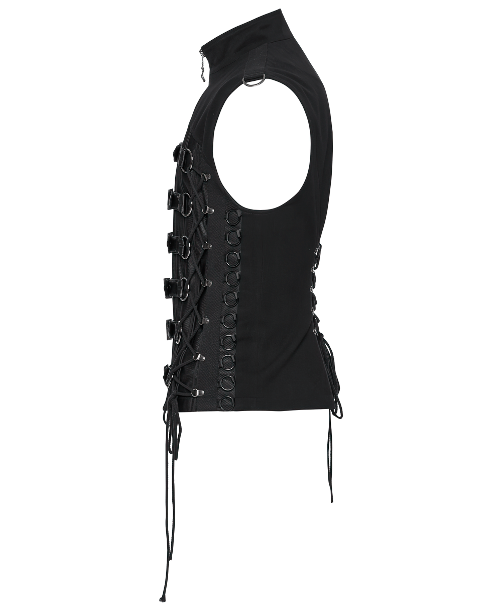 Side view of a Gothic buckle strap vest with lace-up back design, featuring metal rings and edgy punk details.