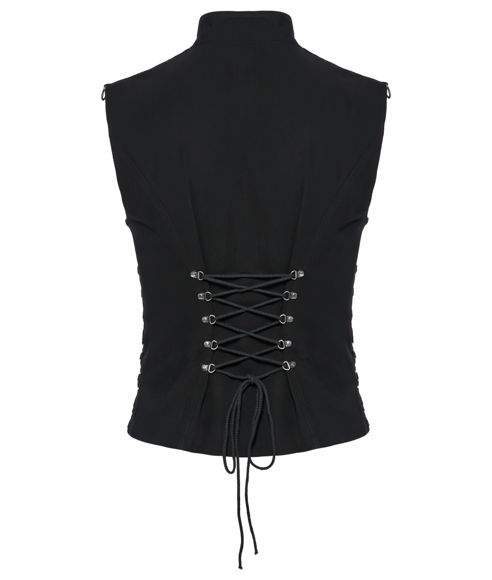 Gothic black vest with lace-up back design and edgy metal details for a bold punk aesthetic.