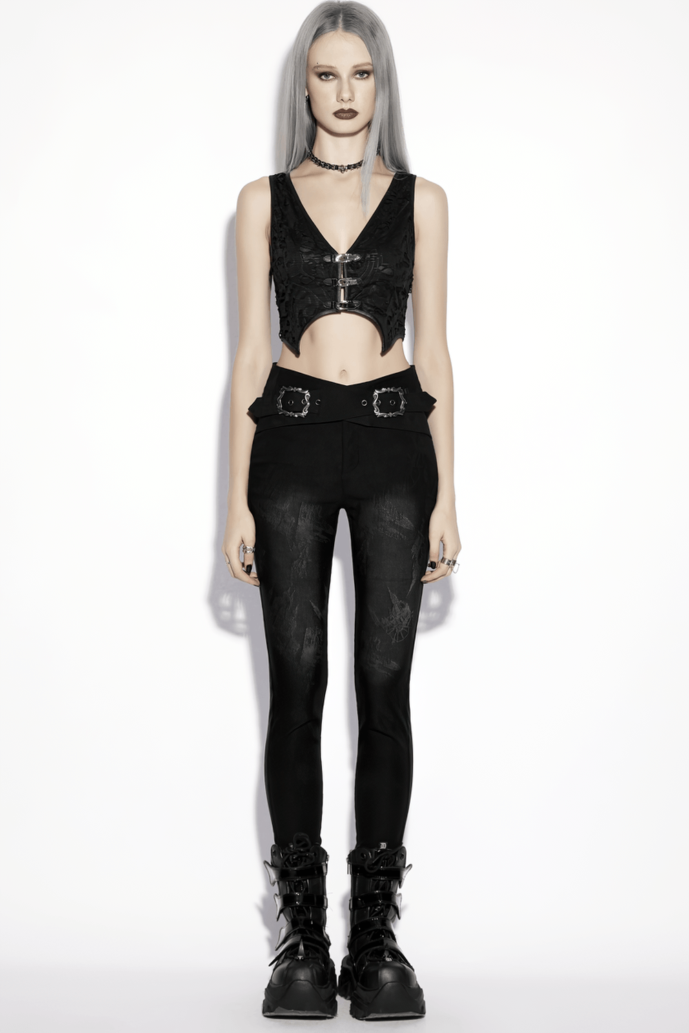 Gothic Buckle Waist Skinny Jacquard Denim Pants showcased on model with sleek silhouette and dark design.