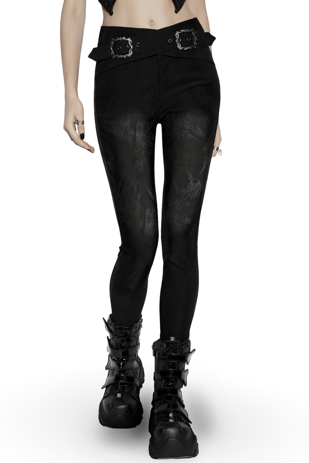 Gothic Buckle Waist Skinny Jacquard Denim Pants showcasing a sleek design and dark castle pattern.