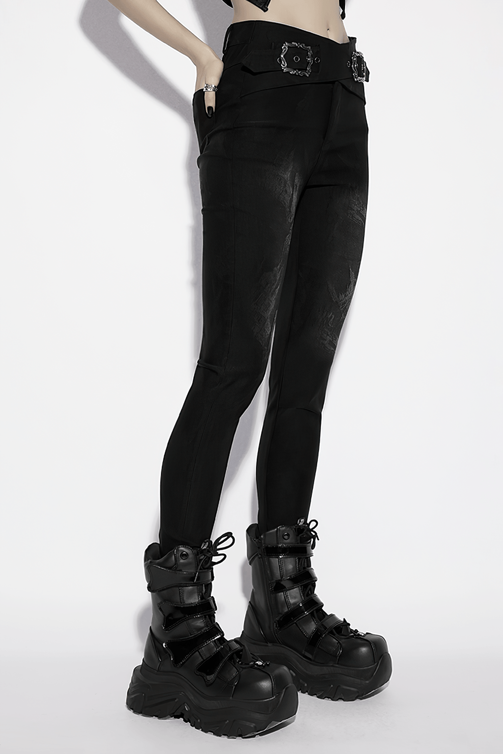 Gothic Buckle Waist Skinny Jacquard Denim Pants with a unique dark pattern and edgy silhouette.