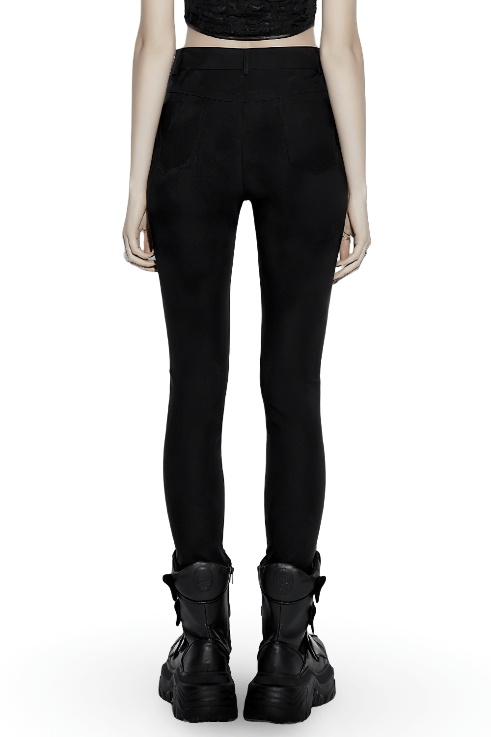 Gothic Buckle Waist Skinny Jacquard Denim Pants, black from behind with stylish detailing and edgy design.