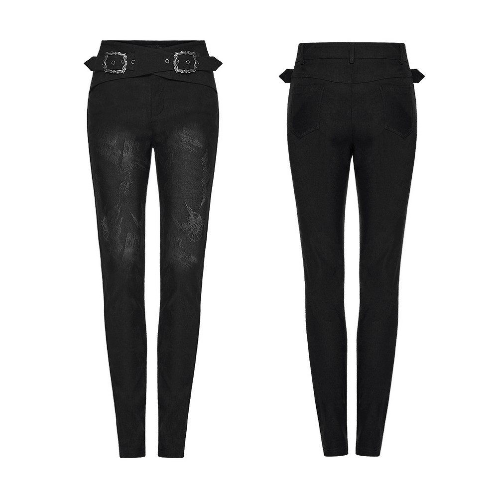 Gothic Buckle Waist Skinny Jacquard Denim Pants showcasing front and back views with detailed dark pattern.
