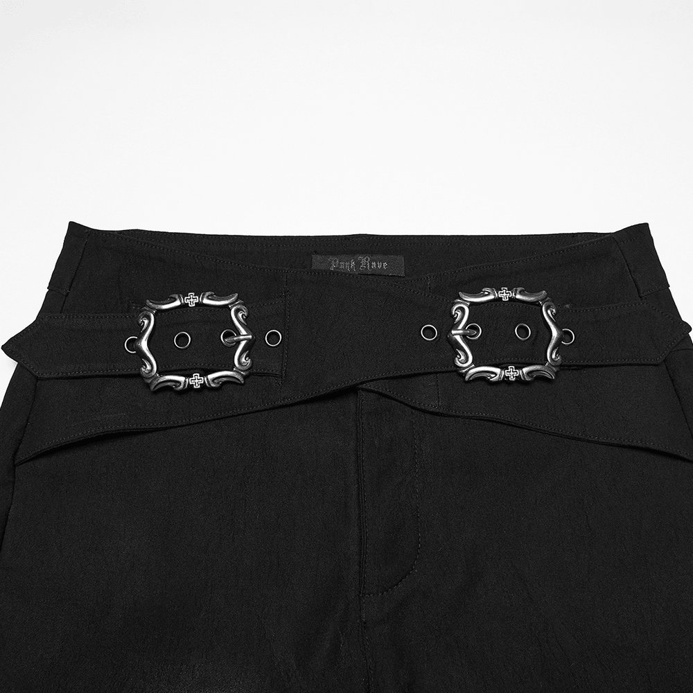 Gothic Buckle Waist Skinny Jacquard Denim Pants showing intricate buckle details on the waistband.