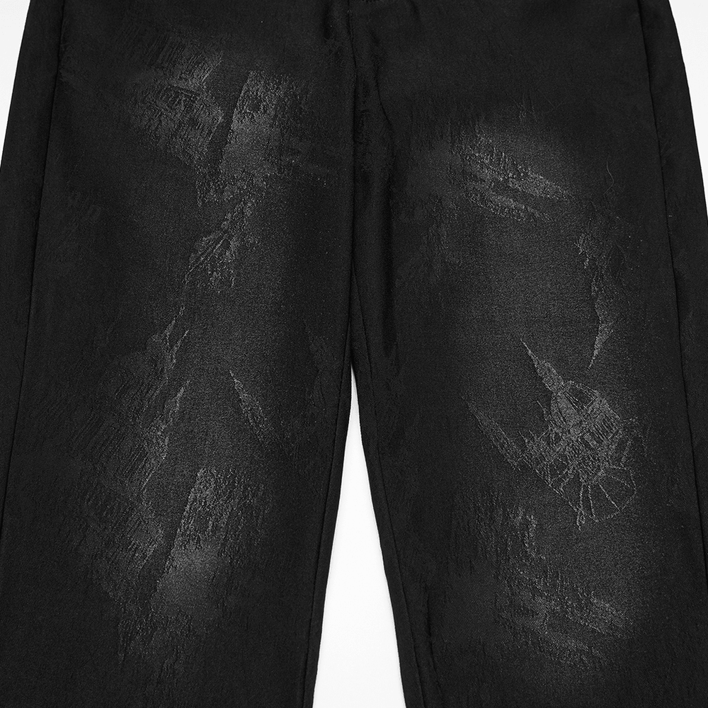 Gothic Buckle Waist Skinny Jacquard Denim Pants featuring unique dark castle patterns and a sleek silhouette.
