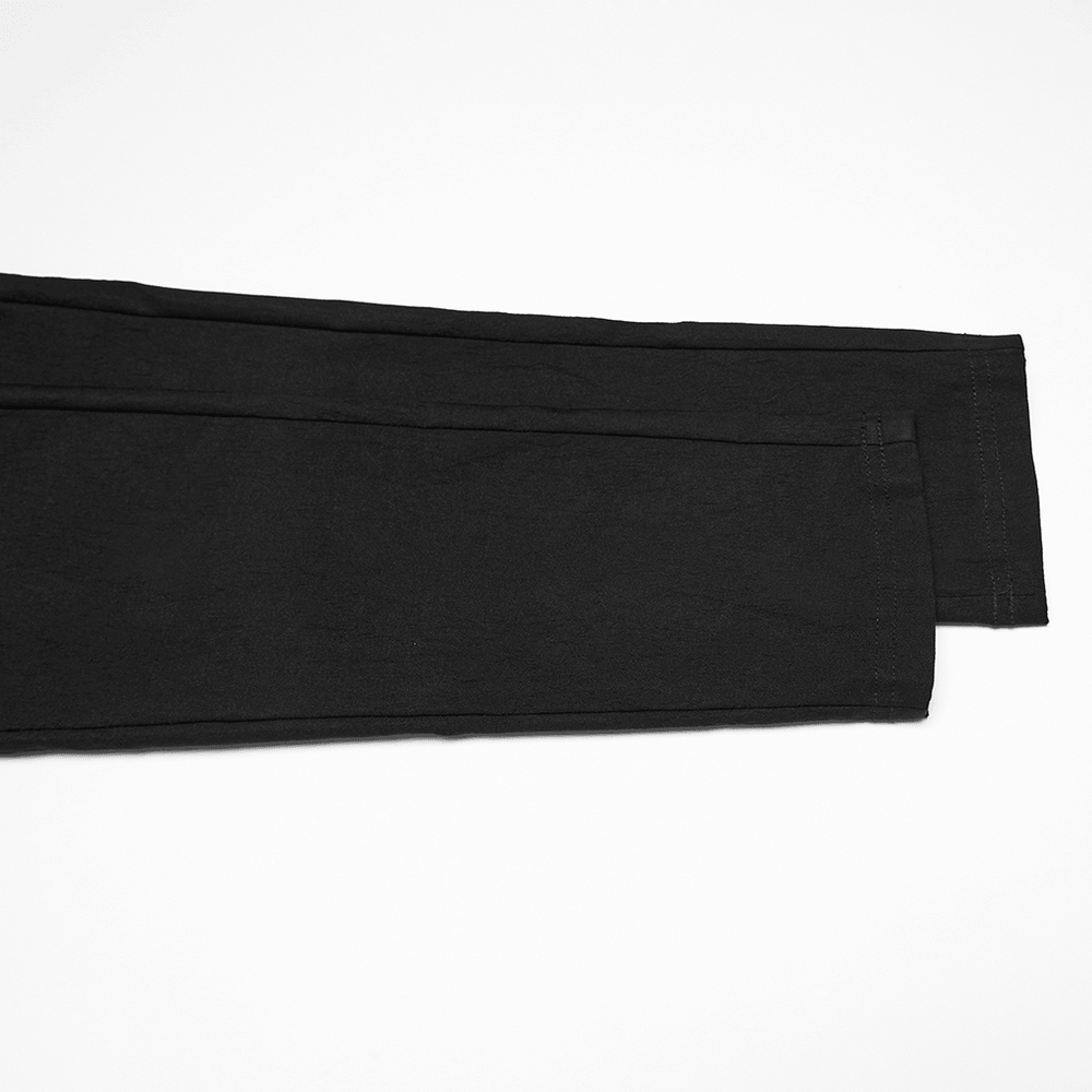 Gothic Buckle Waist Skinny Jacquard Denim Pants featuring a sleek black design and unique washed pattern.