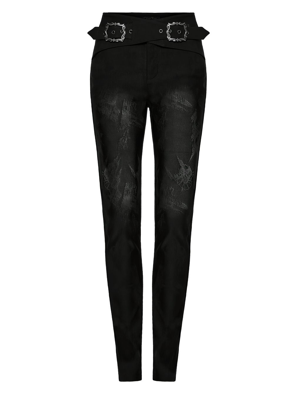 Gothic Buckle Waist Skinny Jacquard Denim Pants featuring a unique castle pattern and structured waistband for a sleek silhouette.
