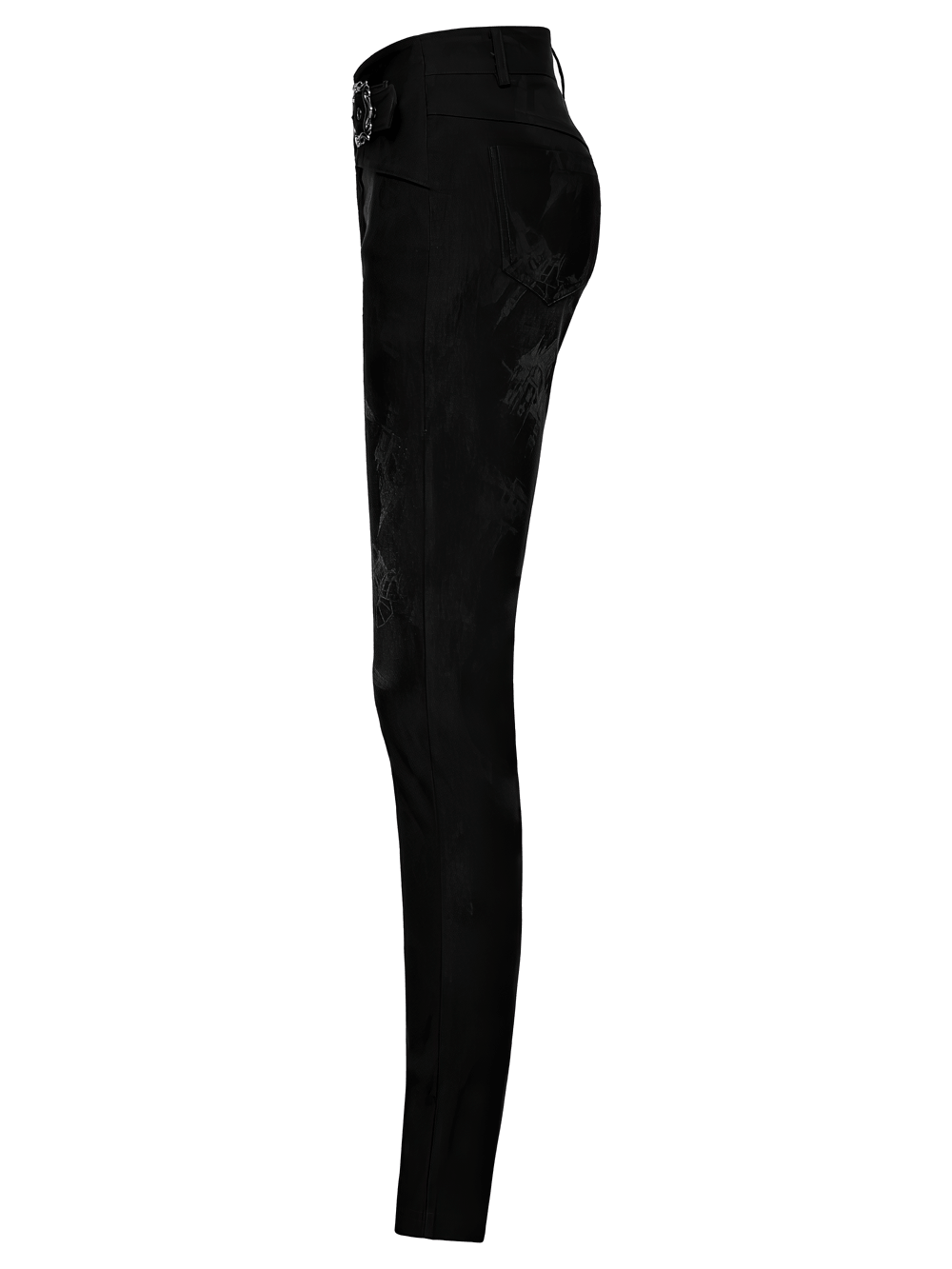 Gothic Buckle Waist Skinny Jacquard Denim Pants displayed from the side, showcasing dark patterned jacquard fabric.