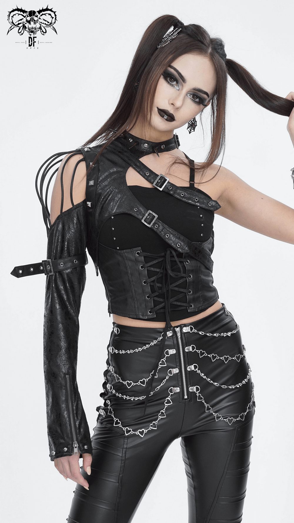 Bold gothic one-shoulder accessory featuring stylish straps for urban punk fashion.