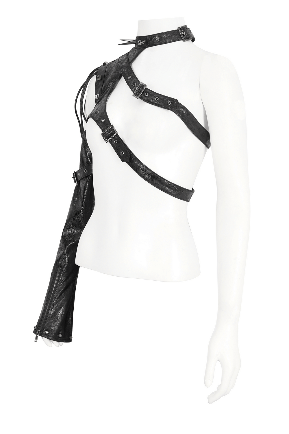 Gothic one-shoulder buckle harness in black, perfect for bold urban fashion and punk-inspired outfits.