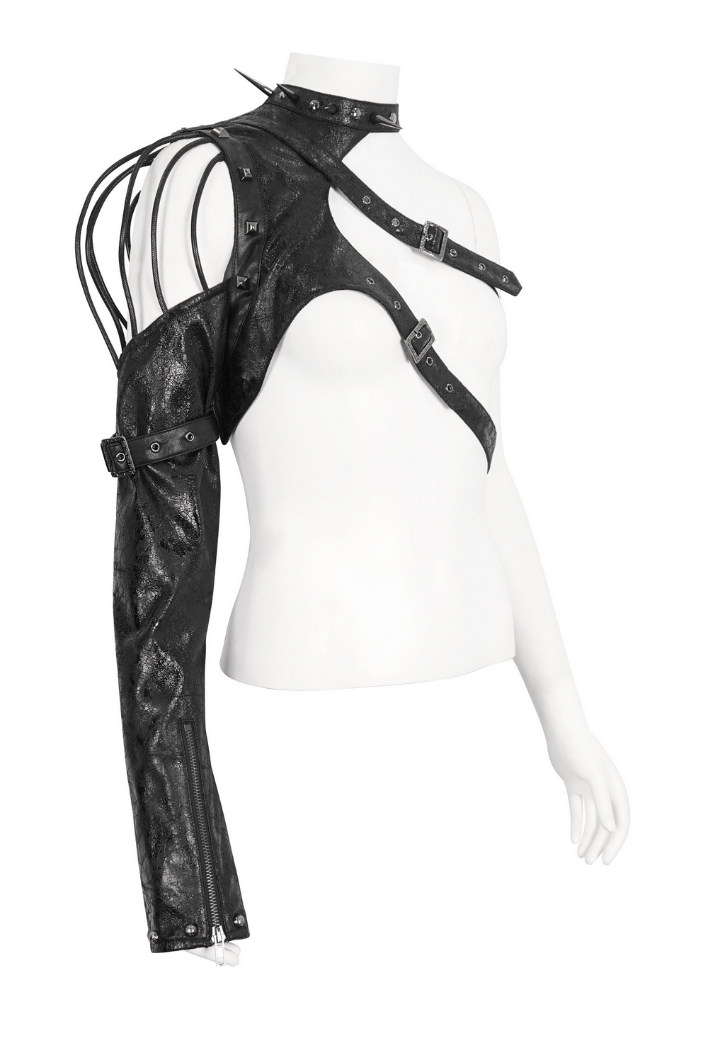 Gothic buckled one-shoulder accessory for women in black, perfect for bold urban punk fashion outfits.