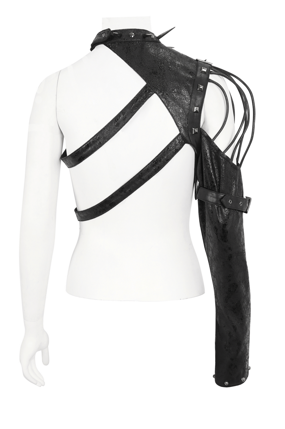 Gothic black one-shoulder harness with straps and buckles for bold urban fashion.