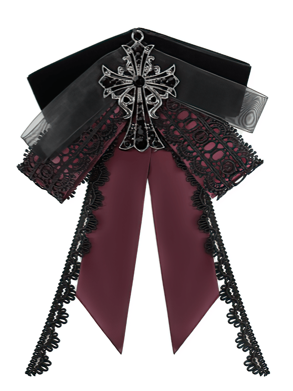 Gothic Burgundy Bow Brooch with Cross Lace Trim
