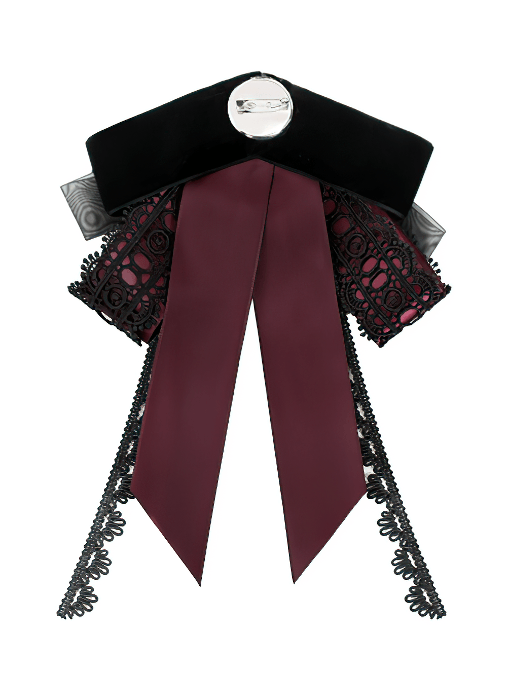 Gothic Burgundy Bow Brooch with Cross Lace Trim
