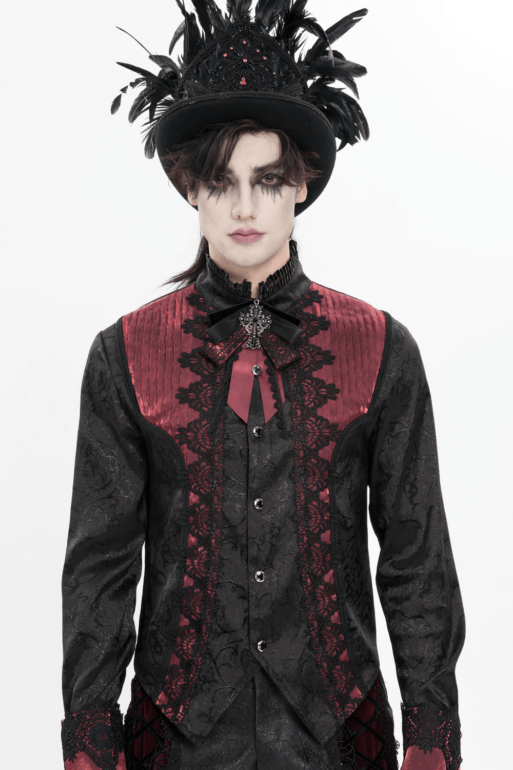 Gothic Burgundy Bow Brooch with Cross Lace Trim