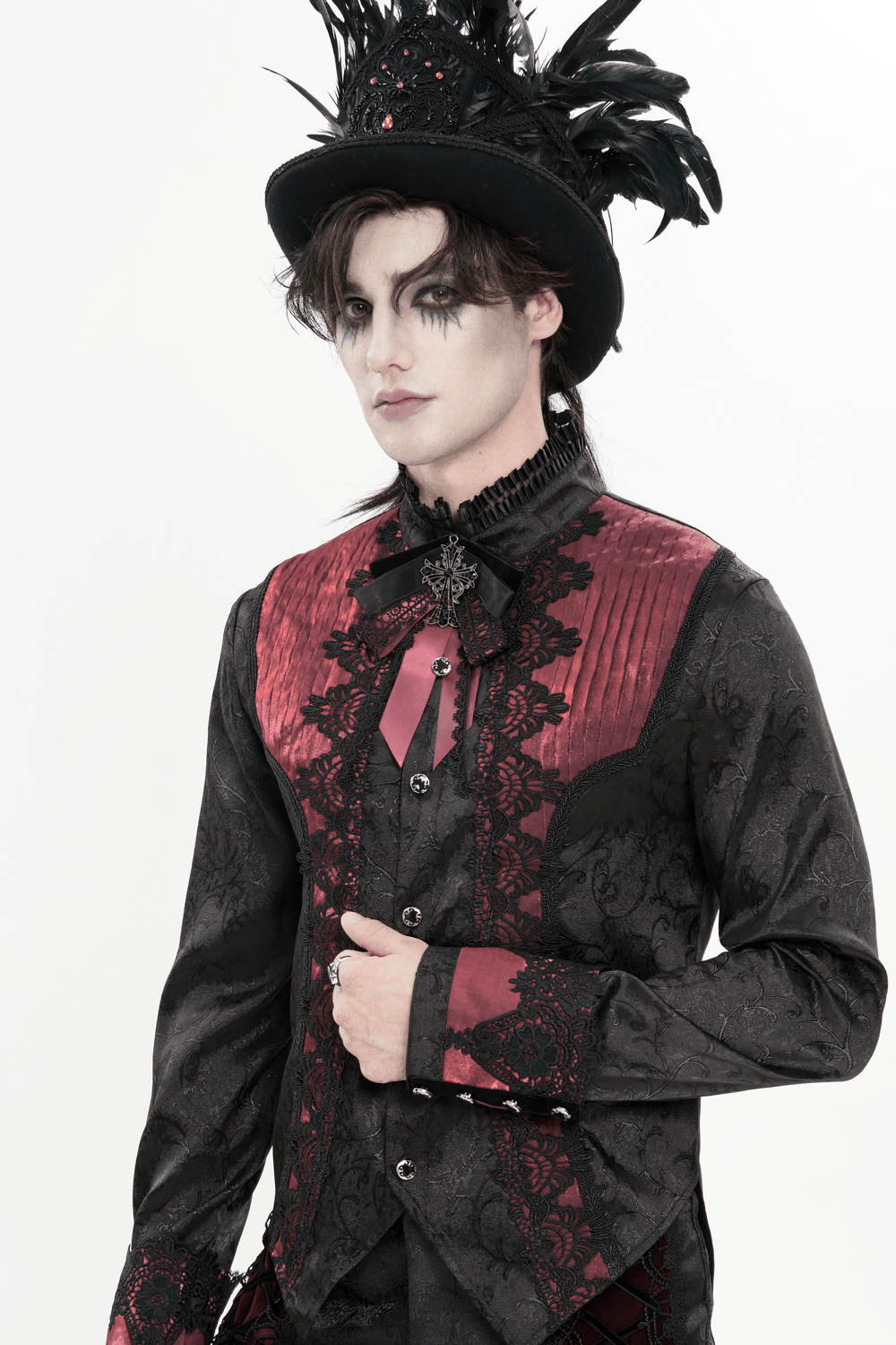 Gothic Burgundy Bow Brooch with Cross Lace Trim
