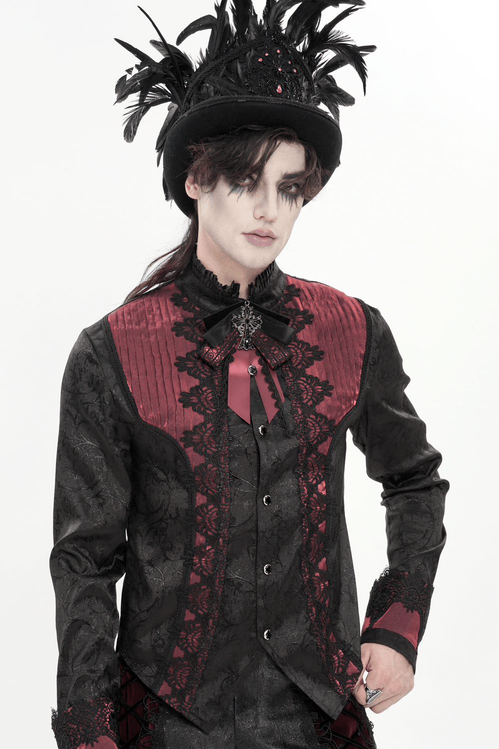 Gothic Burgundy Bow Brooch with Cross Lace Trim