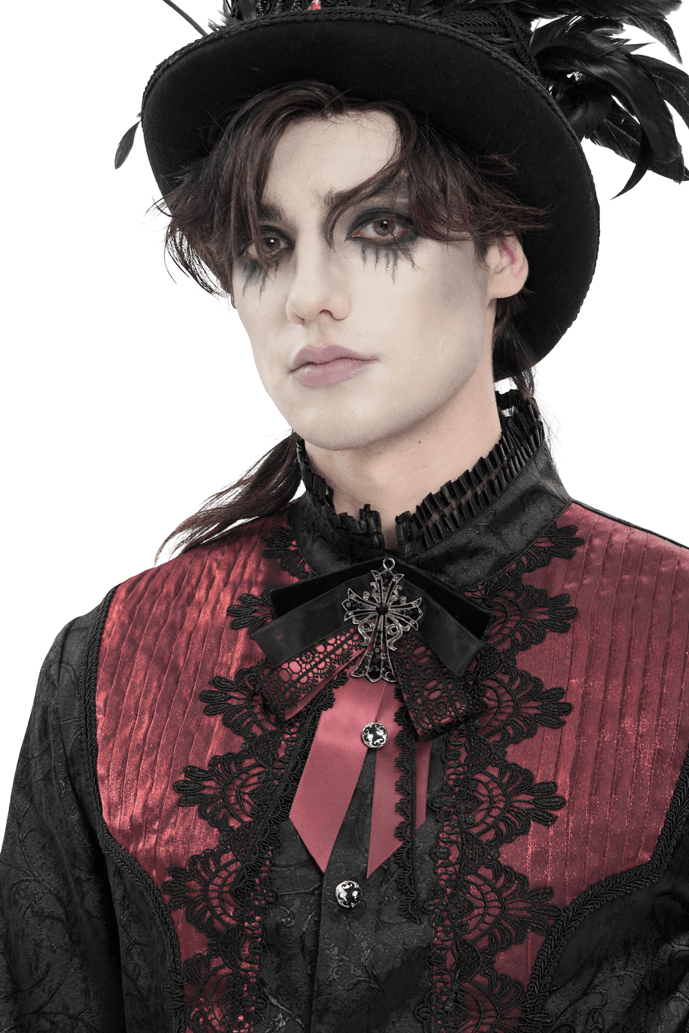 Gothic Burgundy Bow Brooch with Cross Lace Trim