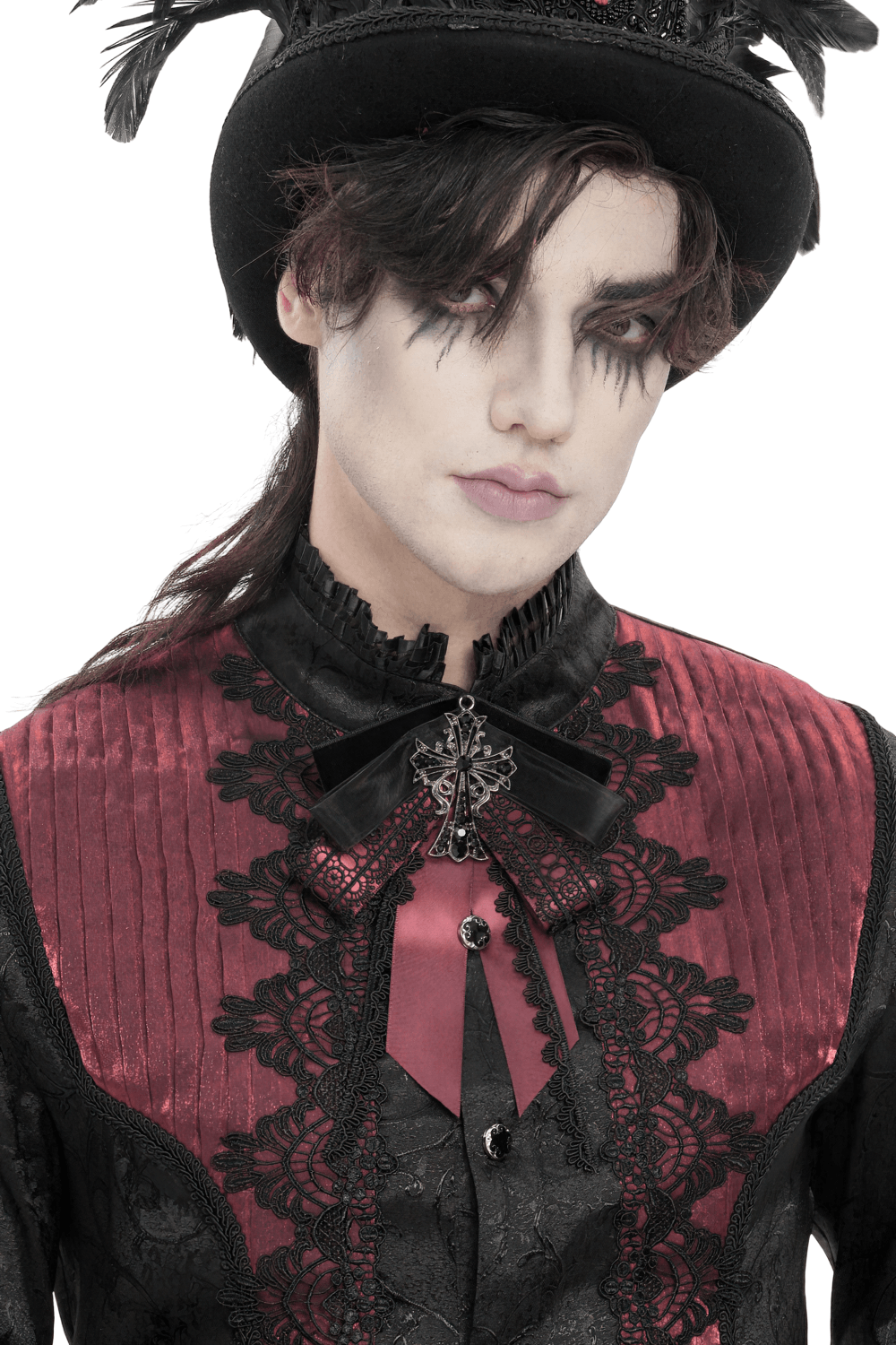 Gothic Burgundy Bow Brooch with Cross Lace Trim