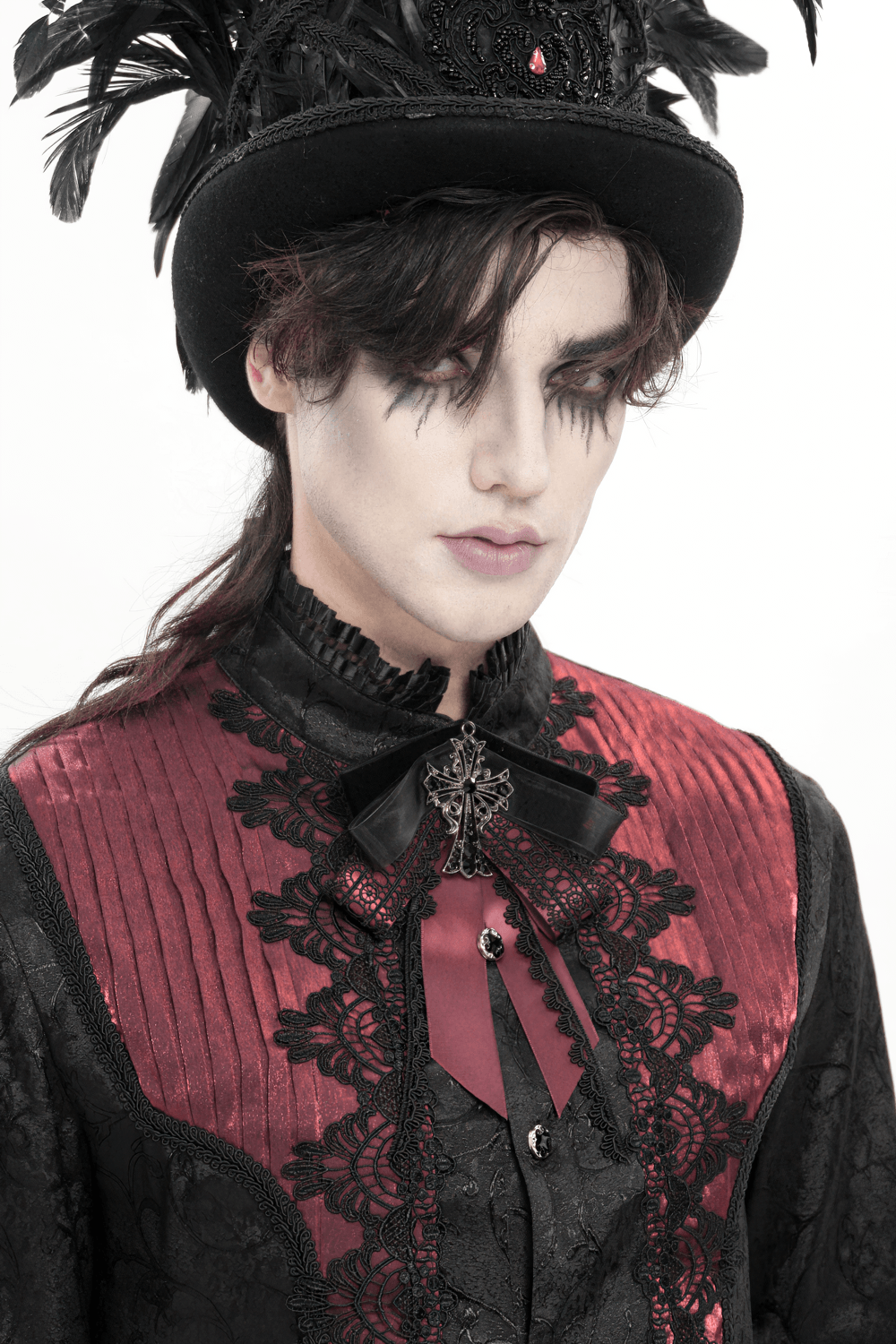 Gothic Burgundy Bow Brooch with Cross Lace Trim