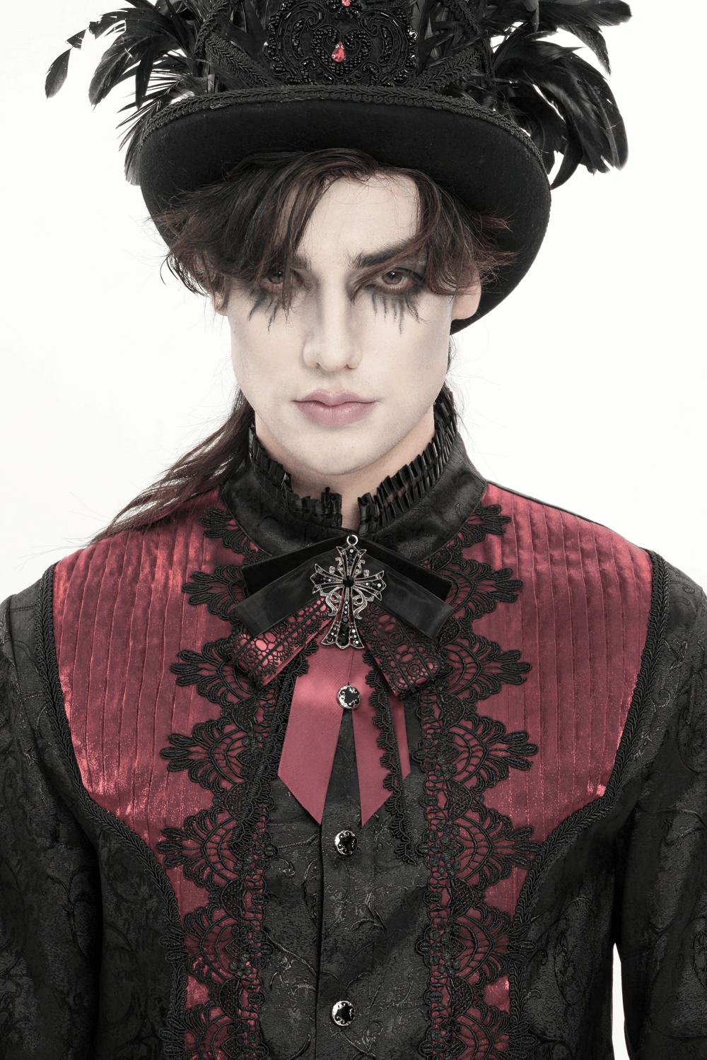 Gothic Burgundy Bow Brooch with Cross Lace Trim