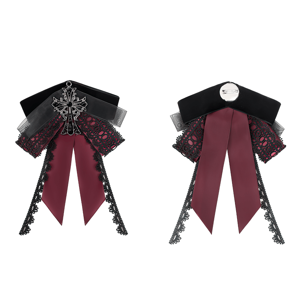 Gothic Burgundy Bow Brooch with Cross Lace Trim